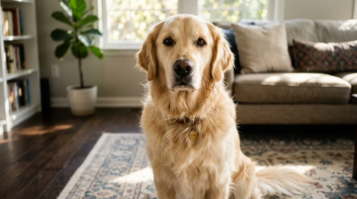 Golden retriever sitting in a sunny living room