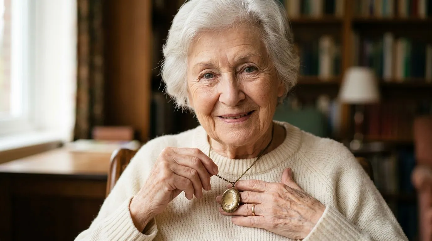Elderly woman smiling while holding a locket